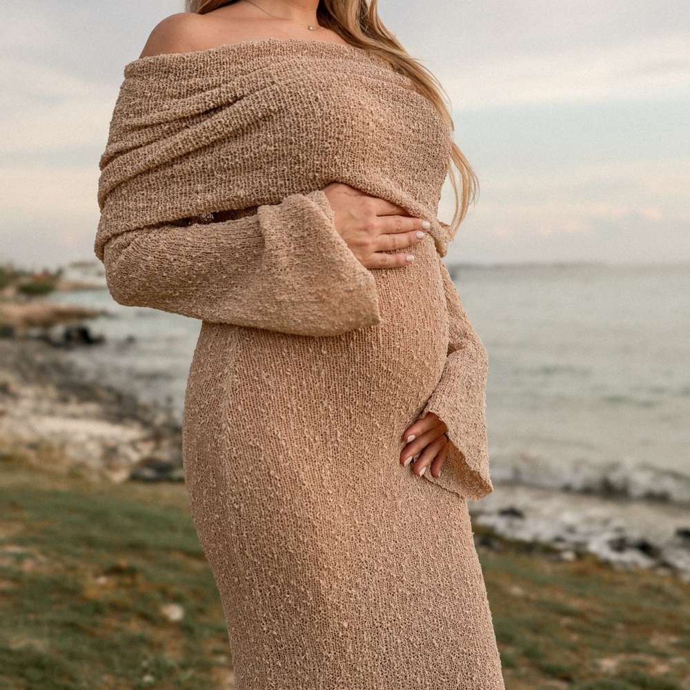 Meshki Tan Off-Shoulder Long Sleeve Dress
